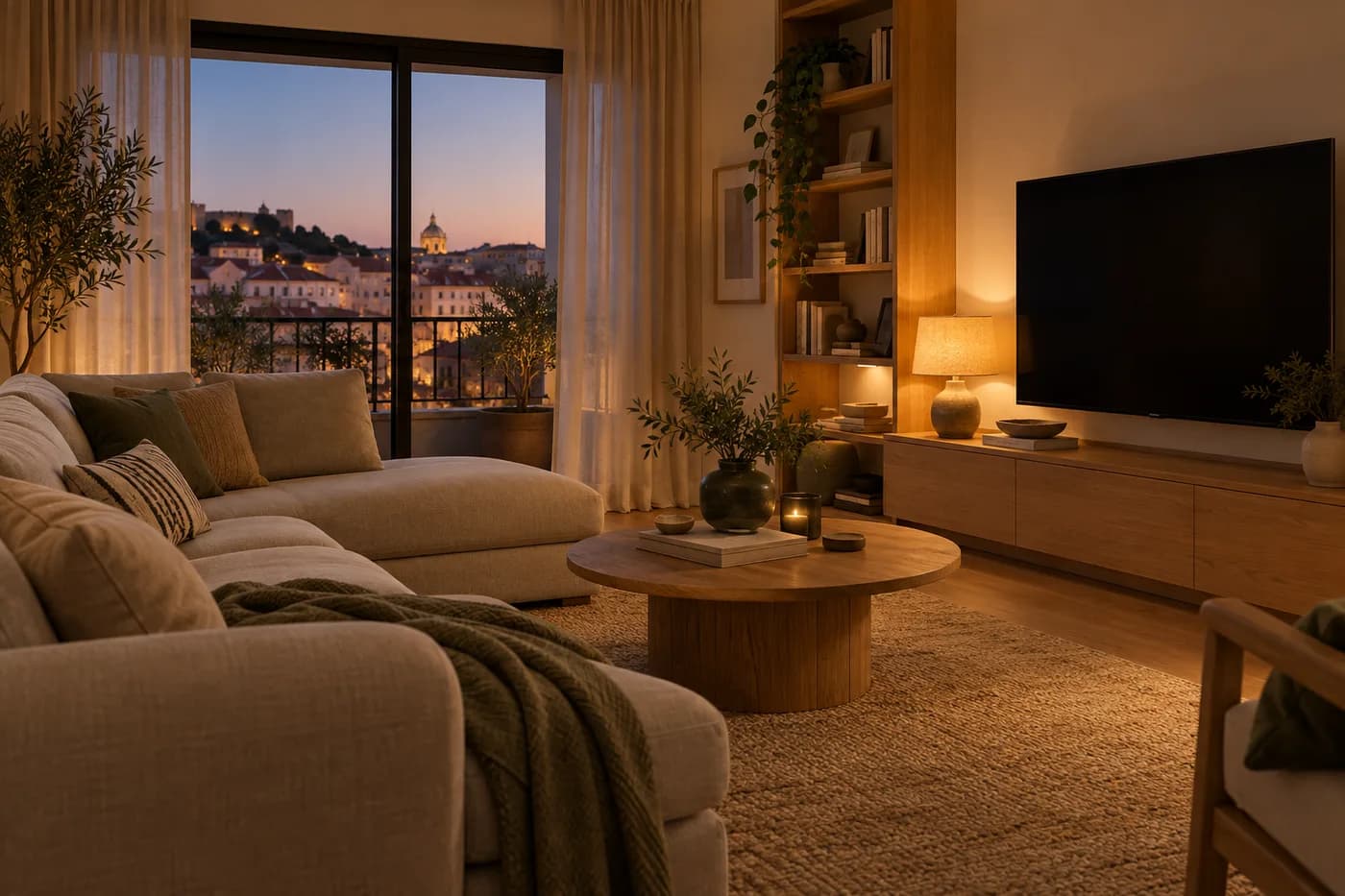 Ilustração de uma sala com sofá de tecido, televisão e iluminação suave.